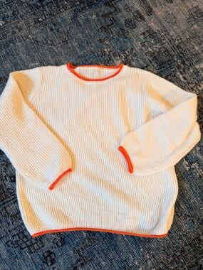 Amazon Women's Cream Crewneck Sweater with Orange Edge Trim small
